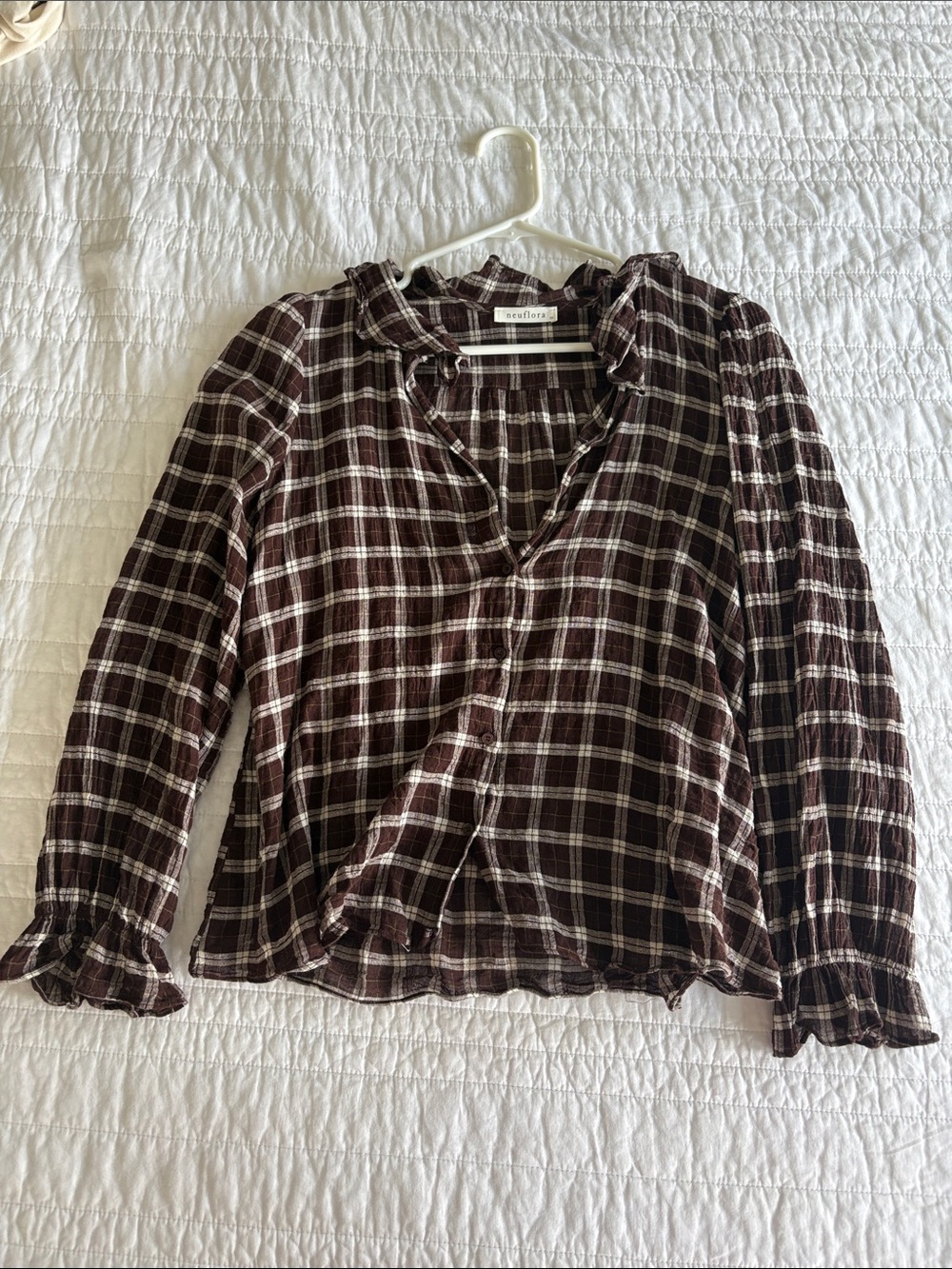 Neuflora Brown Plaid Ruffle-Trim Buttondown Shirt